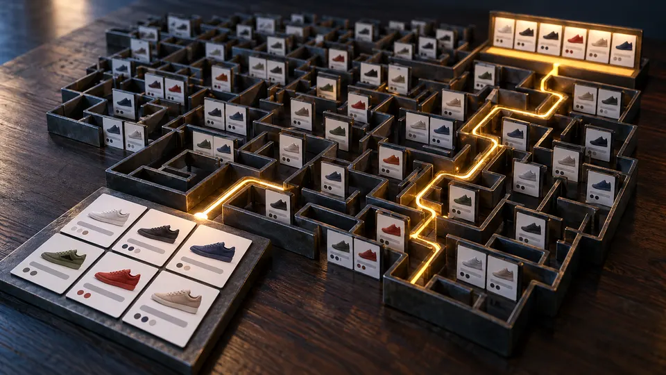 An amber path crosses a maze of duplicate product cards, illustrating an ecommerce SEO audit.