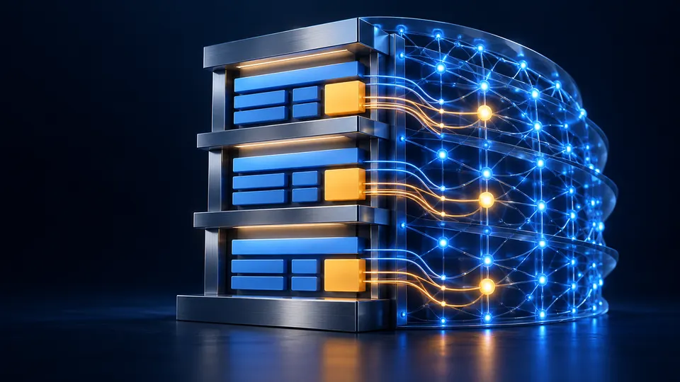 Ordered blue website blocks and amber facts connect to a glowing AI network, illustrating LLMO.