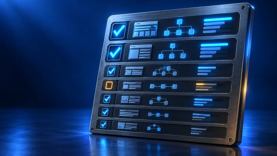 Website audit checks ranked by priority SEO audit checklist board with prioritized website checks, blue check marks and one amber pending item.