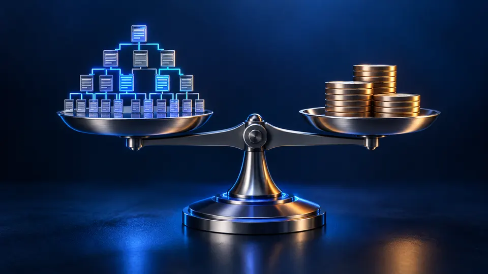 Website complexity determines SEO audit cost A balance weighs linked website pages against coins, illustrating how much an SEO audit costs.